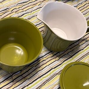 Vintage Olive Green Sugar with Lid, Creamer, and 5 Bowls